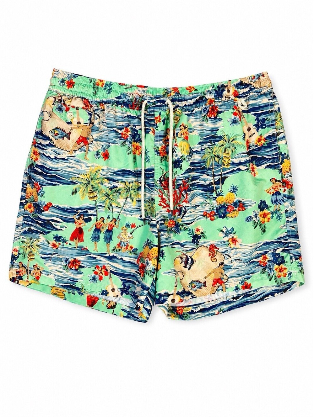 Polo Ralph Lauren Swim Trunks XXL Green Blue Floral Hawaiian Hula Girl Surfer